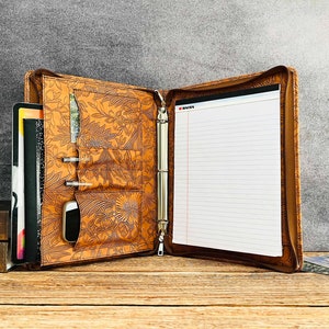 Portafolio de cuero repujado para mujer, carpeta de cuero de 3 anillas, portafolio de cuero con bloc de notas tamaño A4/carta, regalo de Navidad para esposa/mamá