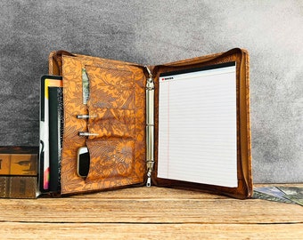 Embossed Brown Leather Portfolio,Left-handed Folder,3-Ring Binder Padfolio,A4 Notepad Cover,Women Folio