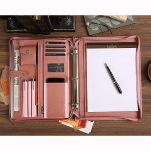 Pink Portfolio for Women, Leather Portfolio, Personalized Padfolio with Name/Logo, Letter Size Notepad Folio, Valentine's Day Gift for Her