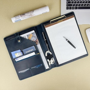 Custom Leather Portfolio for Men, A4 Padfolio with Clipboard, Blue Business Portfolio, Conference Folder