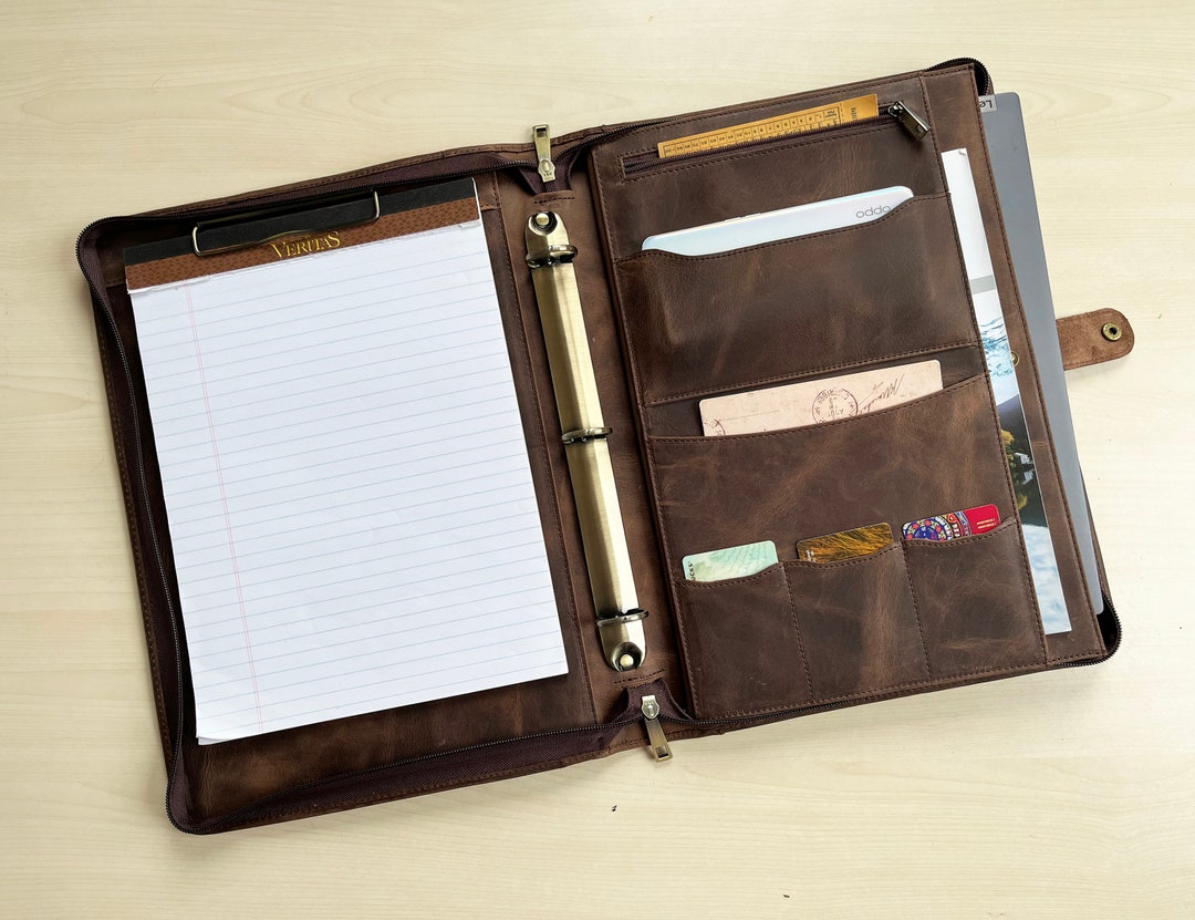Leather 3 Ring Binder Business Portfolio Folders with Pockets - Gray - -  Extra Studio