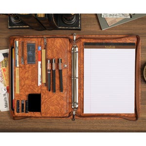 Porte-documents en cuir marron pour femme, classeur à 3 anneaux en cuir, protège-documents en cuir, organisateur de portefeuille en cuir, cadeau fête de la femme pour elle