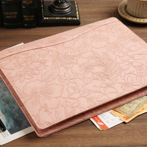 Portafolio de cuero repujado para mujeres, portafolio de cuero vegano para bloc de notas tamaño carta, portafolio de currículum profesional, regalos de San Valentín