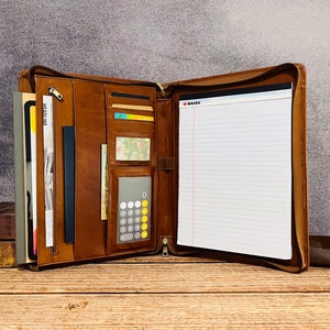 Personalized Leather Portfolio, A4 Document Organizer Folder, Zippered Portfolio with Phone Pocket,Gift for Father/Him/Boss