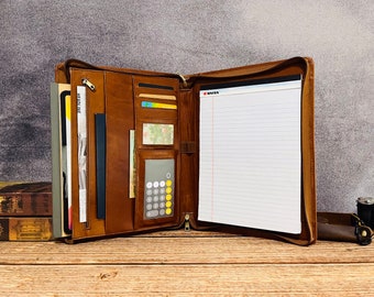 Personalized Leather Portfolio, A4 Document Organizer Folder, Zippered Portfolio with Phone Pocket,Birthday Gift