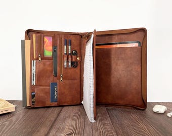 Portafolio de cuero personalizado para hombre, portafolios de cuero con soporte para tableta, carpeta personalizada, regalo de empresa.