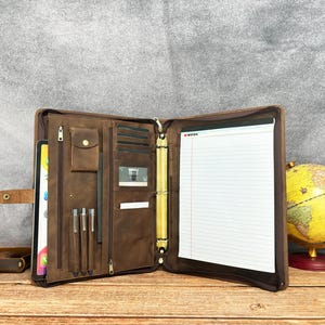 Vintage Leather Portfolio for Men, Leather Folder with 3 Ring Binder, Customizable Leather office Padfolio, Gift for Graduation/Anniversary