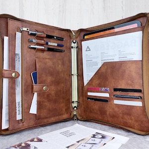 Personalized Leather Portfolio for Men, Custom Leather Padfolio for Women, Business Portfolio with A4 Zipper Plastic Bag, Gifts for Him/Her