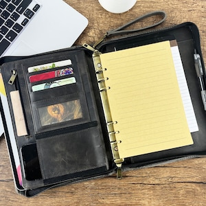 A5 Leather Portfolio for Men, Custom Padfolio with Name for Women, Business Leather Binder 6 Ring, Leather Folder Document Folio with Handle