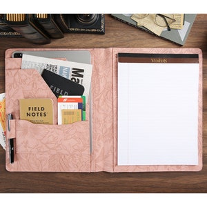 Portafolio de cuero rosa para mujer, planificador de cuero, portafolio de cuero repujado para mujer, carpeta de negocios, regalo de cumpleaños para ella