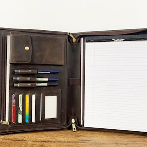 Leather Portfolio for Men, Professional Business Portfolio, Leather Folder with Zipper for Him/Her, Padfolio with A4 Letter Size Notepad