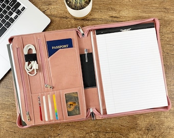 Personalized Pink Vegan Leather Portfolio for Women, Custom Name&Logo Leather Folder,Business Gift