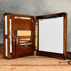 Personalized  Leather Legal Size Portfolio with Handle, 15-inch Padfolio with Binder, Leather Portfolio with Clipboard, Gift for Husband
