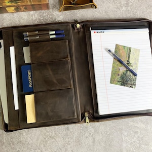 Personalized Leather Portfolio with A4 Notepad Holder, Leather Padfolio Organizer for Notebook/iPad/iPhone/Tablet, Document Folder for Men