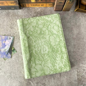 Pasta de couro verde para mulheres, pasta de couro com relevo, pasta de 3 argolas com nome, pasta de couro Padfolio personalizada, presente para ela