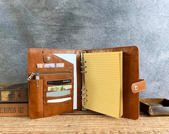 Personalized A5 Leather Portfolio: Custom 6 Ring Binder Padfolio