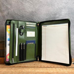 Handmade Green Leather Portfolio for Men,Vegan Leather Padfolio,Personalized A4 Document Holder