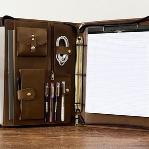 3 Ring Binder portfolio for Men, Leather Portfolio with Logo, A4 Letter Size Notepad Folder, Leather Padfolio for Men, Gift for Him/Her