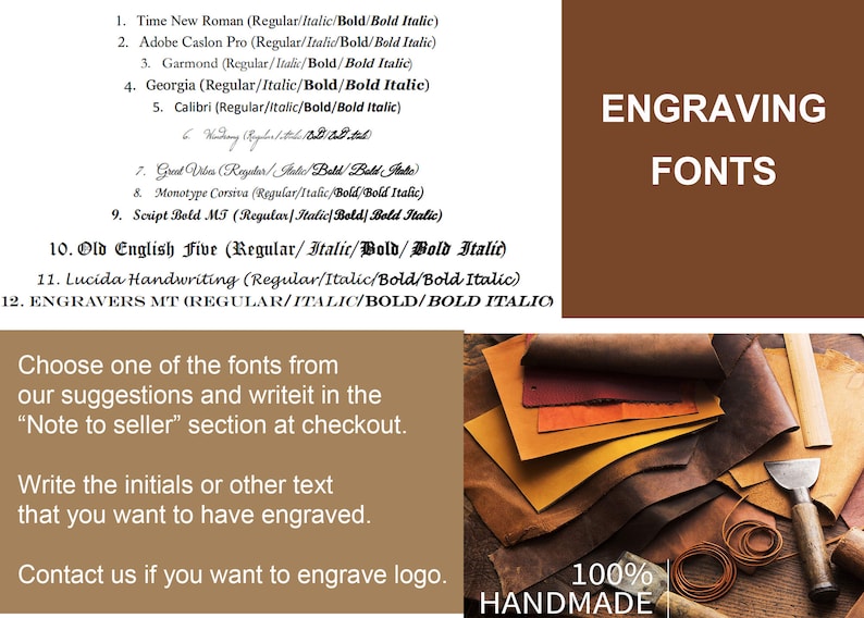 May include: A list of fonts for engraving on leather, with a close-up of various shades of brown leather on a wooden surface. The text reads "Engraving Fonts" and "100% Handmade".