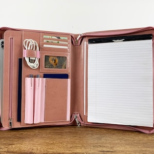 Handmade Pink Leather Portfolio for Women, Vegan Leather Portfolio with Name Engraved, Personalized Leather Padfolio, Gifts for Her/Mom