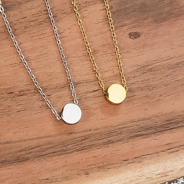 Tiny Circle Charm Necklace (Silver or Gold), 1 Total, Metal Blank #52, Mirror Polish Stainless Steel Hypoallergenic