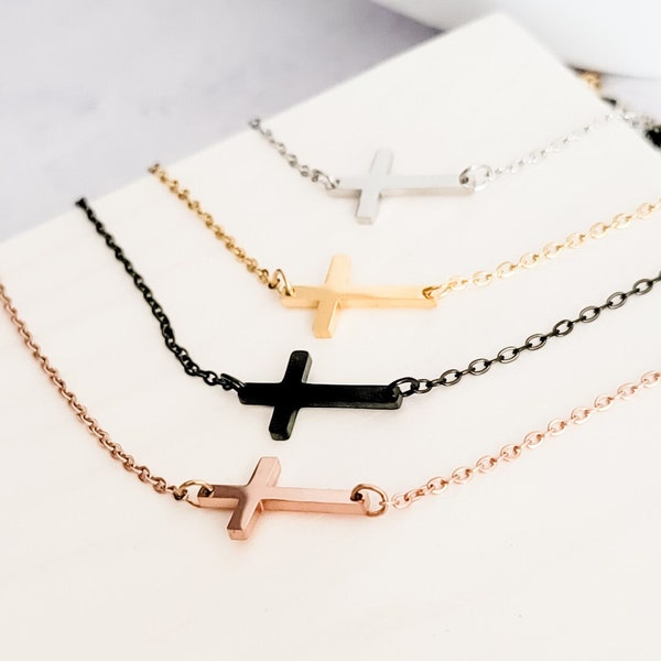 Tiny Horizontal Cross Necklace (Silver, Gold, Rose Gold, or Black), 1 Total, Metal Blank #42, Mirror Polish Stainless Steel Hypoallergenic
