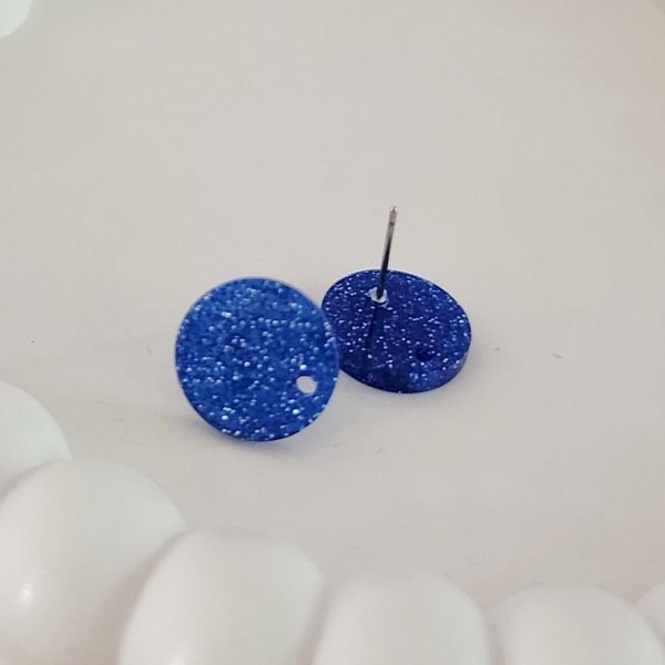 Glitter Royal Blue Acrylic Circle Stud Earring (14mm), 10 pcs, Round Resin Post Connector Finding, 1 Hole Circle Stainless Steel