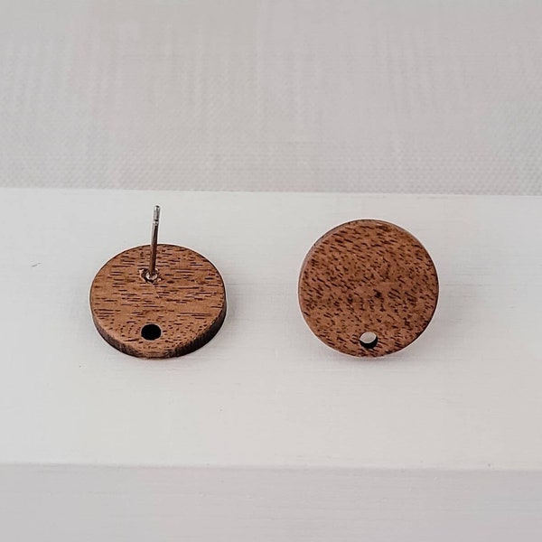 Walnut Wooden 15mm SOLID CIRCLE Stud Earring Findings, Round Wood Post Earring Connector, 1-Hole Closed Circle Stainless Steel Finding