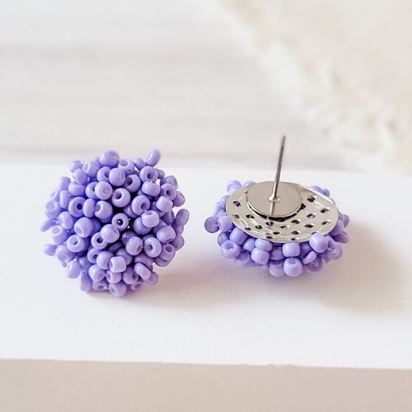 NEW - LIGHT PURPLE 15mm Small Seed Bead Topper, 1 Pair, All Stainless Steel Stud Beaded Dome Finding, Pom Pom Style Beaded Jewelry Connector