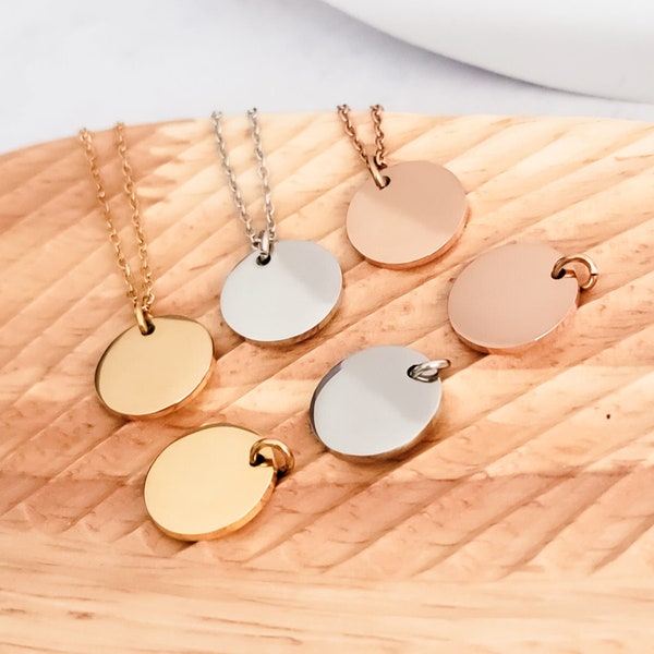 15mm Disc Necklace (Silver, Gold, or Rose Gold) and Optional Extra Discs, 1 Total, Metal Blank #44, Mirror Polish Stainless Steel