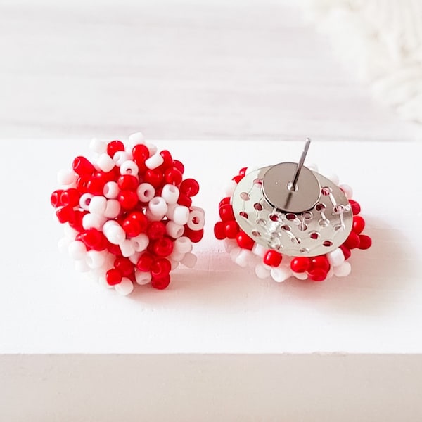 NEW - RED & and WHITE Mix 15mm Small Seed Bead Topper, 1 Pair, All Stainless Steel Stud Beaded Dome Finding, Pom Style Jewelry Connector