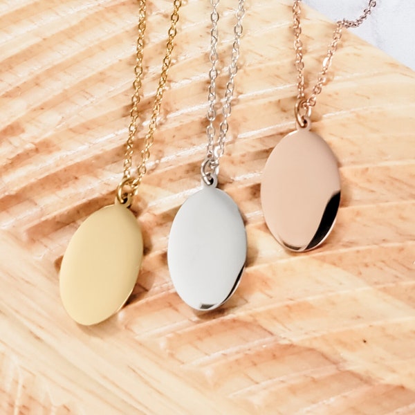 Oval Pendant Necklace (Silver, Gold, or Rose Gold), 1 Total, Metal Blank #40, Mirror Polish Stainless Steel Hypoallergenic, Thumbprint Round