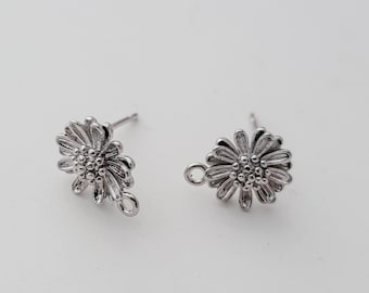 Silver Sunflower 12mm Stud Earring Findings, 10 pcs, Stainless Steel Post with Brass Flower, Hypoallergenic Post Finding