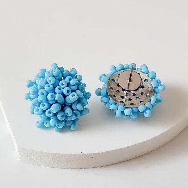 NEW - SKY BLUE 15mm Small Seed Bead Topper, 1 Pair, All Stainless Steel Stud Beaded Dome Finding, Pom Pom Style Beaded Jewelry Connector