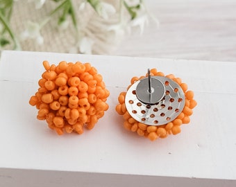 NEW - LIGHT ORANGE 15mm Small Seed Bead Topper, 1 Pair, All Stainless Steel Stud Beaded Dome Finding, Pom Pom Style Jewelry Connector