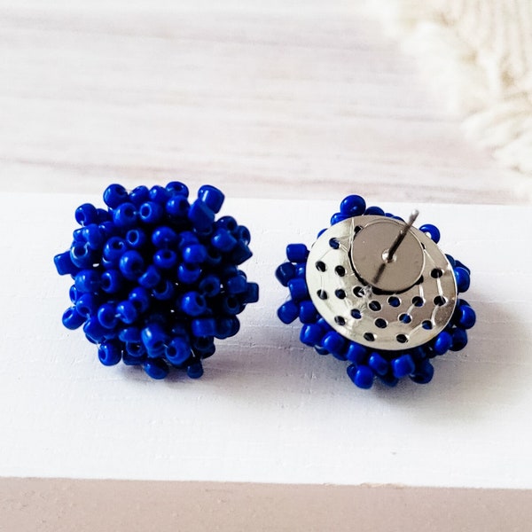NEW - ROYAL BLUE 15mm Small Seed Bead Topper, 1 Pair, All Stainless Steel Stud Beaded Dome Finding, Pom Style Beaded Jewelry Connector