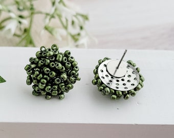 NEW - OLIVE (Metallic) 15mm Small Seed Bead Topper, 1 Pair, All Stainless Steel Stud Beaded Dome Finding, Pom Pom Style Jewelry Connector