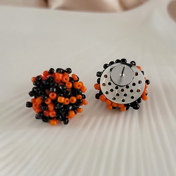 NEW - Orange and Black Mix 15mm Small Seed Bead Topper, 1 Pair, All Stainless Steel Stud Beaded Dome Finding, Pom Style Jewelry Connector