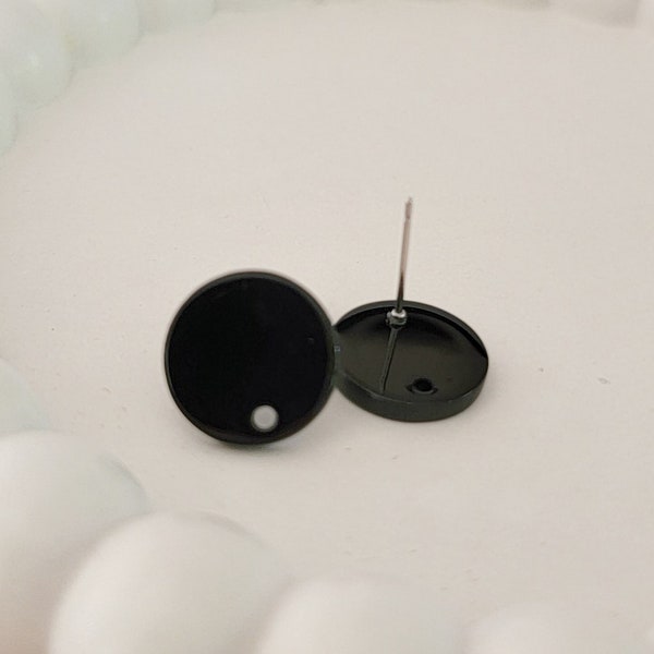 Satin Black Acrylic Circle Stud Earring (14mm), 10 pcs, Round Resin Post Connector Finding, 1 Hole Circle Stainless Steel