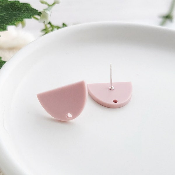 Matte Pale Blush Acrylic Half Moon Stud Earring Findings, 10 pcs, Resin Post Earring Connector, One Hole Circle Stainless Steel Post