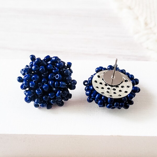 NEW - NAVY BLUE 15mm Small Seed Bead Topper, 1 Pair, All Stainless Steel Stud Beaded Dome Finding, Pom Style Beaded Jewelry Connector