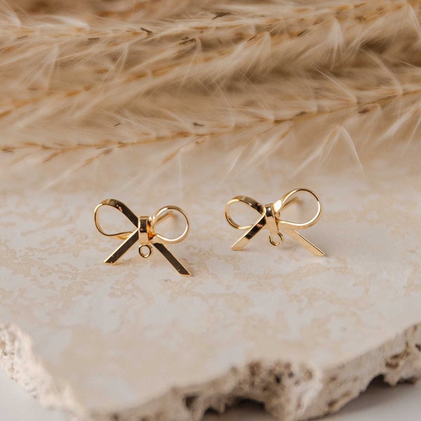Gold Elegant Bow Stud Earring Findings (Sterling Silver Post), Christmas Holiday Post Earring Connector with Loop, Hypoallergenic Finding