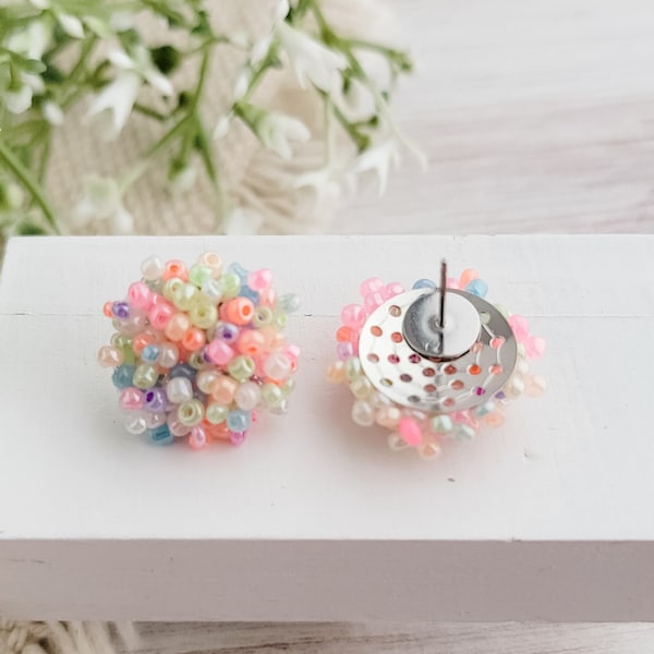 NEW - PASTEL RAINBOW 15mm Small Seed Bead Topper, 1 Pair, All Stainless Steel Stud Beaded Dome Finding, Pom Pom Style Jewelry Connector