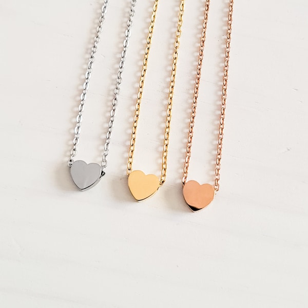 Tiny Heart Charm Necklace (Silver, Gold, Rose Gold), 1 Total, Metal Blank #15, Mirror Polish Stainless Steel Hypoallergenic