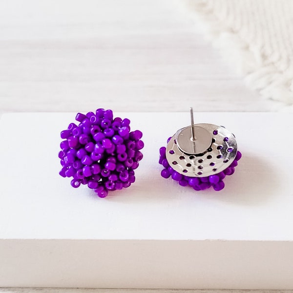 NEW - ROYAL PURPLE 15mm Small Seed Bead Topper, 1 Pair, All Stainless Steel Stud Beaded Dome Finding, Pom Pom Style Beaded Jewelry Connector