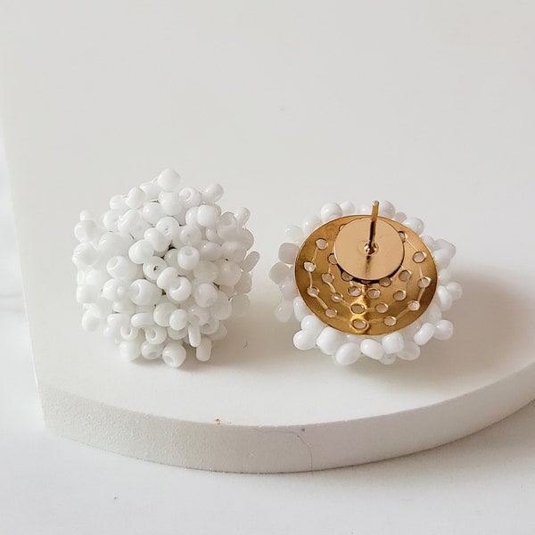 NEW - WHITE (GOLD Hardware) 15mm Small Seed Bead Topper, 1 Pair, All Stainless Steel Stud Beaded Dome Finding, Pom Style Beaded Connector