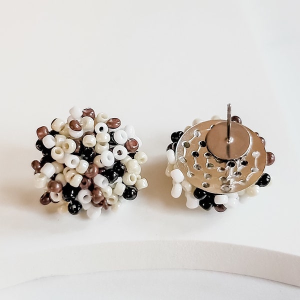 NEW - NEUTRAL MIX (White, Cream, Brown, and Black) 15mm Small Seed Bead Topper, 1 Pair, All Stainless Steel Stud, Leopard Animal Print