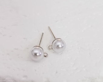 6mm SILVER and Imitation Pearl Stud Posts with Stainless Steel Posts, 10 Pieces, Stud Post Connector with Loop