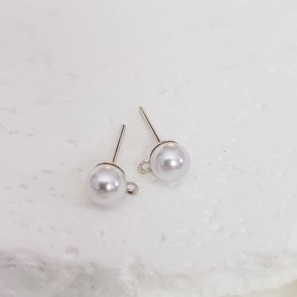 6mm SILVER and Imitation Pearl Stud Posts with Stainless Steel Posts, 10 Pieces, Stud Post Connector with Loop