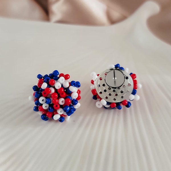 NEW - Red/White/Blue Mix 15mm Small Seed Bead Topper, 1 Pair, Stainless Steel Stud Dome Finding, Patriotic America Connector, 4th of July